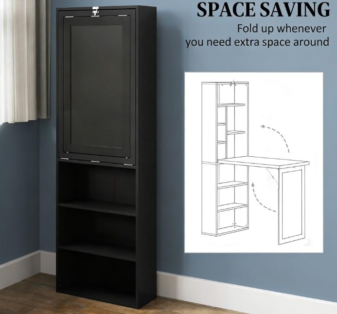 Folding Wall Mounted Murphy Desk with Storage & Bookcase(Black) | Expandable Hidden Computer Desk with Blackboard, Foldable Space Saving Office Table Pull Out Murphy Table for Small Spaces - color: Black