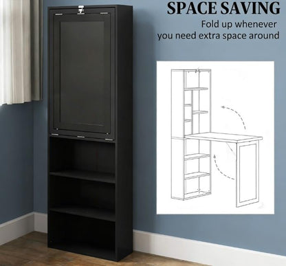 Folding Wall Mounted Murphy Desk with Storage & Bookcase(Black) | Expandable Hidden Computer Desk with Blackboard, Foldable Space Saving Office Table Pull Out Murphy Table for Small Spaces - color: Black
