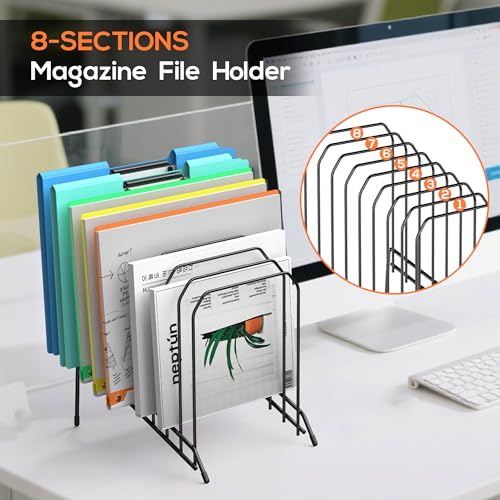 Incline Sorter Desk File Organizer, Metal Desk Magazine Folder Holder with 8-Section Vertical Compartments Rack File Organizer for Office, Home, School - color: Black