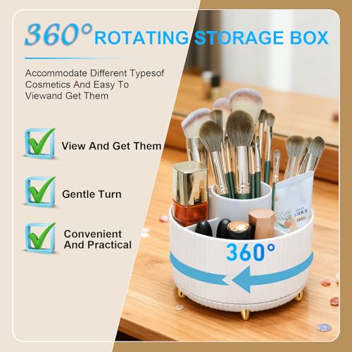 Makeup Brushes Holder Organizer,360° Rotating Cosmetic display cases with 5 compartment Cosmetic and Skincare Organizers,Multi-Purpose Makeup Brush Holder for Bathroom Vanity Desktop Decor