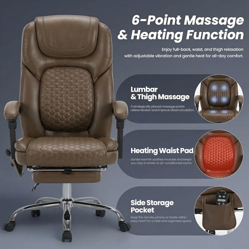 MALOL 300 lbs Massage Office Chair, Big and Tall Desk Chair with 3-Level Heat and Footrest, PU Leather Ergonomic Executive Computer Chair with Side Pocket, Brown - color: Brown, size: Set of 1, style: Classic