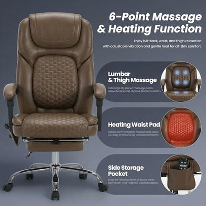 MALOL 300 lbs Massage Office Chair, Big and Tall Desk Chair with 3-Level Heat and Footrest, PU Leather Ergonomic Executive Computer Chair with Side Pocket, Brown - color: Brown, size: Set of 1, style: Classic