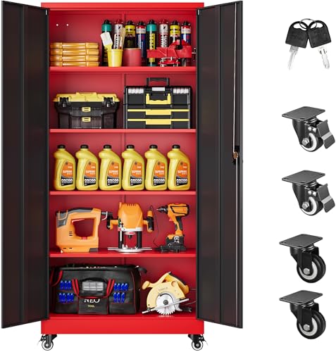75" Tall Metal Storage Cabinet with Wheels,Rolling Garage Storage Cabinet with Lock,Red Metal Cabinets on Wheels,Locking Tool Cabinets on Wheel for Garage,Home,Office,Shop - color: Red Black, size: 75"H x 31.5"W x 16"D