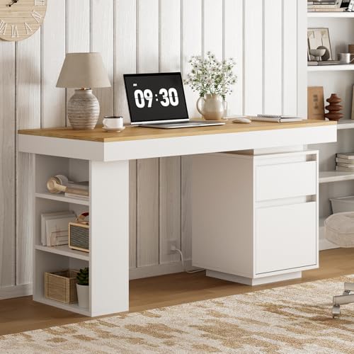 55'' Modern Executive Desk with Drawers, Wooden Computer Desk with File Drawer and Charging Station, 3-Tier Open Side Shelf for Home Office and Living Room, Natural and White