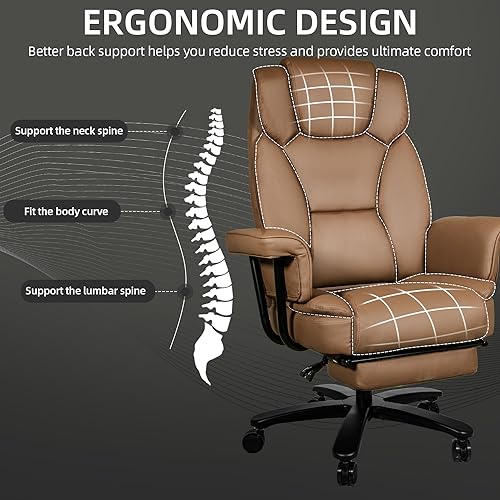 Reclining Office Chair with Footrest, Big and Tall High Back Home Office Desk Chairs 400lbs with Criss Cross Wide Seat, Heavy Duty Base, Pu Leather, Brown - color: Brown