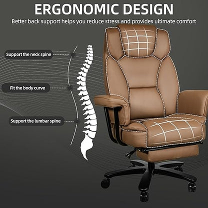 Reclining Office Chair with Footrest, Big and Tall High Back Home Office Desk Chairs 400lbs with Criss Cross Wide Seat, Heavy Duty Base, Pu Leather, Brown - color: Brown