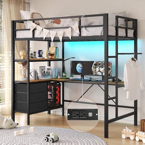 DICTAC Twin Loft Bed with L-Shaped Desk, LED Lights,Charging Station LED Metal Kids Loft Bed Twin Size with 3 Storage Shelves and 3 Fabric Drawers, Safety Guard & Ladder,No Box Spring Needed, Black - color: Black, size: Twin