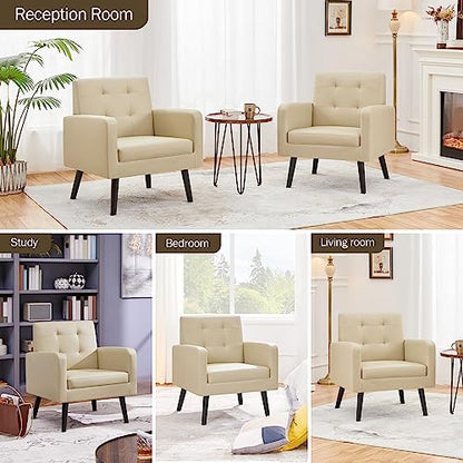 Yaheetech Mid Century Accent Chair Living Room Chair Retro Beige | Faux Leather Upholstered Sillones Para Sala, Modern Reading Nook Chair, Button Tufted Back, Rubberwood Legs, Bedroom Office - color: Beige, size: set of 1