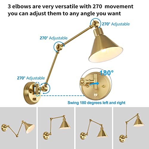 TRLIFE Wall Sconces Plug in, Dimmable Wall Sconces Brushed Brass Swing Arm Wall Lights Plug in Wall Mounted Light Industrial Wall Lights with 6FT Plug in Cord, E26 Base, UL Listed(Two Arms, 2 Pack) - color: Gold, size: 2 Pack- (Switch)