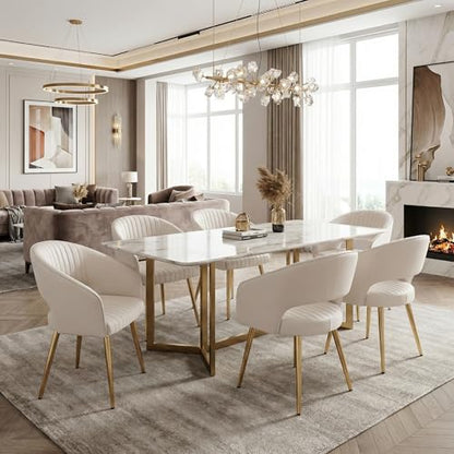 Modern Dining Chairs Set of 2, Upholstered PU Leather Dining Room Chairs with Gold Metal Legs, Accent Kitchen Chairs with Curved Backrest for Living Room, Cream - color: Cream