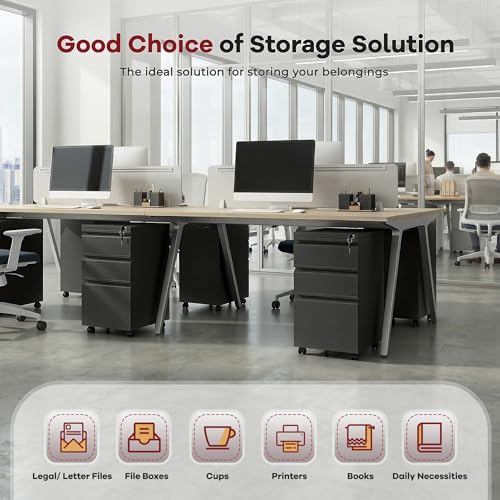 Bonusall 【Fully Assembled 3 Drawer File Cabinet with Lock, Small Under Desk Filing Cabinet for Home Office, Fully Assembled Metal Rolling Storage Fits A4/Letter/Legal, Black