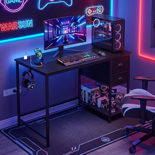 GIANTEX Computer Desk with Charging Station, 38" Home Office Desk w/ 2 Fabric Drawers, Storage Shelf & Headphone Hook, Industrial Study Work PC Table, Writing Desk for Small Spaces (Black) - color: Black