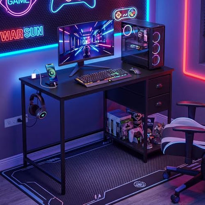 GIANTEX Computer Desk with Charging Station, 38" Home Office Desk w/ 2 Fabric Drawers, Storage Shelf & Headphone Hook, Industrial Study Work PC Table, Writing Desk for Small Spaces (Black) - color: Black