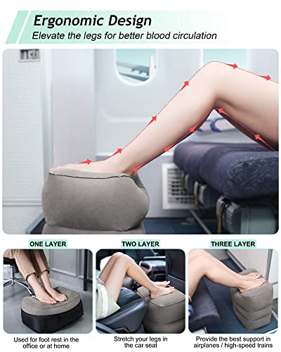 Inflatable Foot Rest Pillow, Kids Airplane Bed, Adjustable 3 Layers Height Leg Rest Pillow, Airplane Travel Essentials Great for Office, Home, Trains, Cars - color: Grey