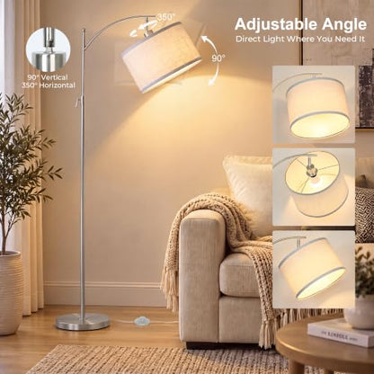Brushed Nickel Arc Floor Lamp Adjustable Height 55-63in 3 Color 9W LED Bulb - color: Silver+White Shade-Arc