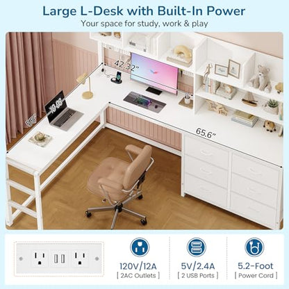 Full‑Size White Metal Loft Bed with L‑Shaped Desk, LED & Charging Station - color: White