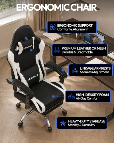 Dowinx Ergonomic Gaming Chair with Footrest & Massage Lumbar, 2D-Linkage Armrests for Computer Chair 330lbs with Headrest Pillow for Office, Home, Streaming and Long Gaming Sessions, Fabric White - color: Black White