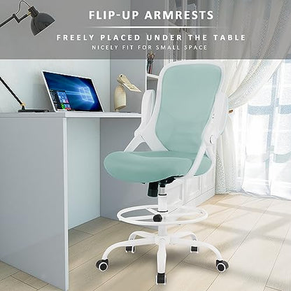 HYLONE Drafting Chair Tiffany Blue, Tall Office Chair Standing Desk Stool with Adjustable Height, Foot Ring, Flip-Up Arms, Mesh High-Back Office Chair, White - color: Blue