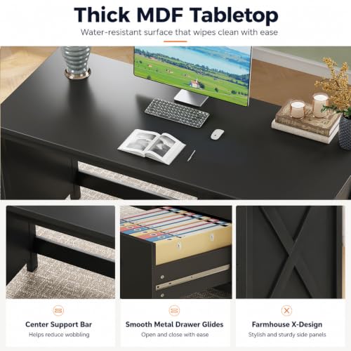 JSB 47.2 Inch Black Computer Desk with 3 Drawers for Home Office Bedroom - color: Black, size: 47.2in
