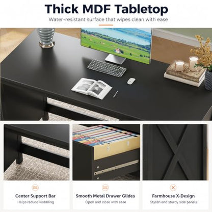 JSB 47.2 Inch Black Computer Desk with 3 Drawers for Home Office Bedroom - color: Black, size: 47.2in