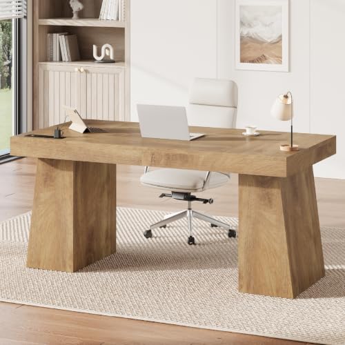 UPOSOJA 55.9" Executive Desk with Storage & Power Outlets, Home Office Desk - color: Oak, size: 55.9in Cabinet