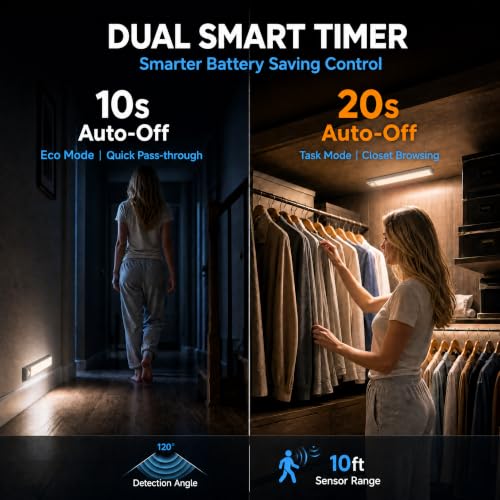 Under Cabinet Lighting, 2400mAh Motion Sensor Light Indoor, 2 Pack | 7.8in Rechargeable Closet Lights, 10s/20s Delay, Magnetic Battery Operated Under Counter Lights for Kitchen & Stairway - size: 7.8 Inch