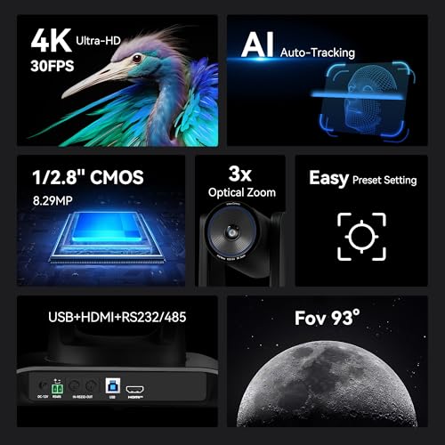 Tenveo 4K AI Auto Tracking PTZ Conference Camera, 3X Optical Zoom, 92° Wide View Angle, USB 3.0 & HDMI Conference Camera for Zoom, Teams, OBS, Live Streaming, Church Worship, Education, Meetings - color: Shadow Black