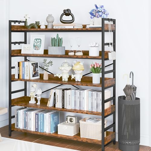 HCHQHS 5 Tier Bookshelf, Adjustable Industrial Bookcase, Vertical Tall Book Shelf, Wood and Black Metal Open Bookshelves for Home Office, Living Room, Bedroom - color: Rustic Brown, size: 5-Tier (47"W x 57"H)