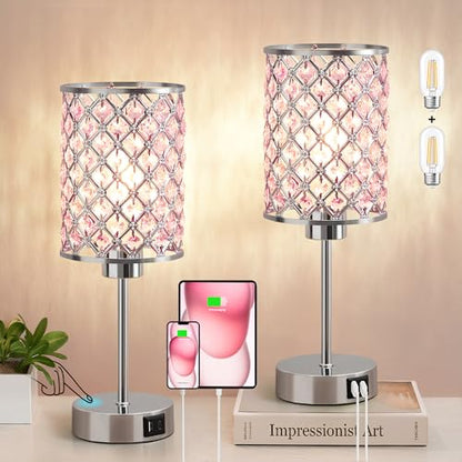 GyroVu Pink Crystal Bedside Table Lamps Set of 2 with USB C+A Ports - color: Pink-2, size: 14.75"
