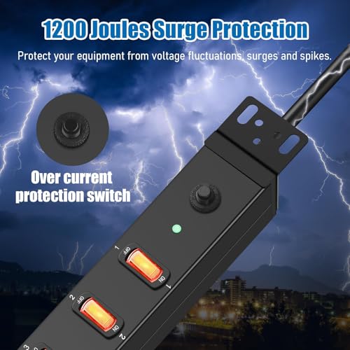 HHSOET 8 Outlet PDU Power Strip, 1U Rack Surge Protection, 6FT, Black, 1 | Metal Mountable Outlet with Independent Switch, for Network Server Audio Equipment Racks, 1200J - size: 6ft