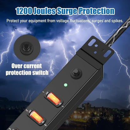 HHSOET 8 Outlet PDU Power Strip, 1U Rack Surge Protection, 6FT, Black, 1 | Metal Mountable Outlet with Independent Switch, for Network Server Audio Equipment Racks, 1200J - size: 6ft
