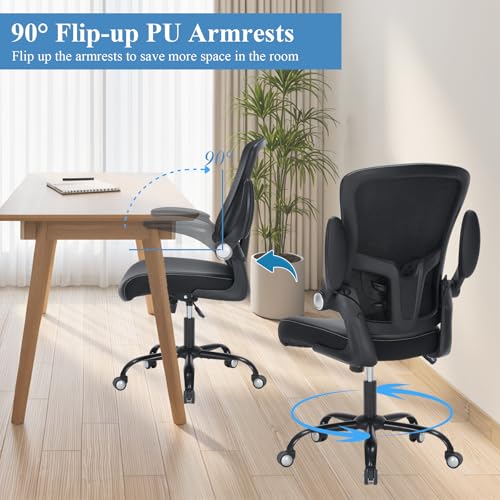 Office Chair PU Leather Cushion, Ergonomic Desk Chair with Flip-Up Arms, 300 LBS Home Office Desk Chairs Adjustable Seat Height & Lumbar Support, Executive Comfy Swivel Task Computer Chair