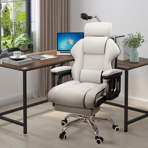 Executive Computer Chair Home Office Desk Chair,Adjustable Angle, Ergonomic Adjustable Height PU Leather Chairs with Cushions Armrest for Long Time Seating-High Office Chair with Footrest - color: White and Black