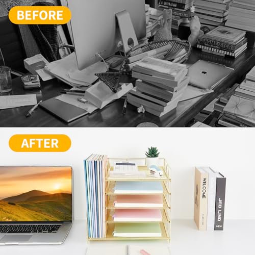 LEKETREE Desk Organizers and Accessories, 5-Tier Paper Letter Tray Organizer with File Holder, Desktop Organizer for Office Supplies (Gold) - color: Gold, size: 12" x 12" x 12"