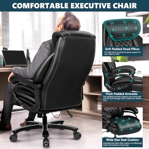 Big and Tall 500lbs Office Chair,Heavy Duty Large PU Leather Executive Desk Chair with Wide Seat, Adjustbale Ergonomic Lumbar Support High Back Rocking Computer Chair for Heavy People - color: Black