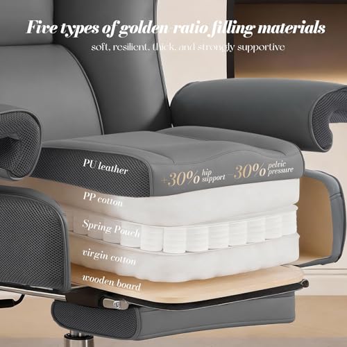 Efomao Big and Tall Executive Office Chair 400lbs, Heavy Duty Computer Chair with 24" Extra Wide 6.1" Spring Cushion, 3" Height Adjustable Armrests, Desk Chair with Footrest, Grey - color: 3060-grey