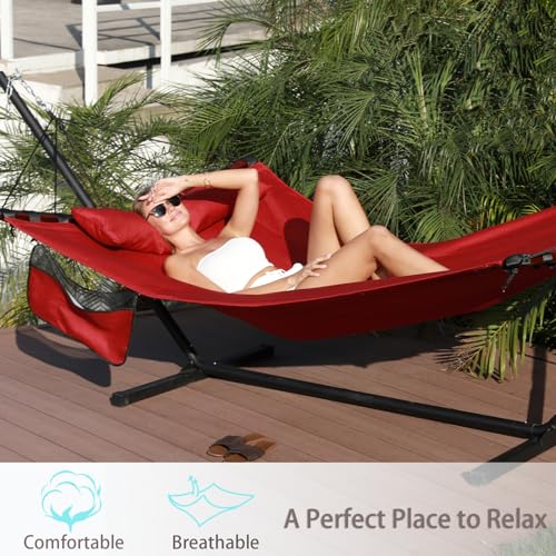 TegerDeger 12FT 2 Person Hammock with V Shaped Spreader Bar -Red - color: Red