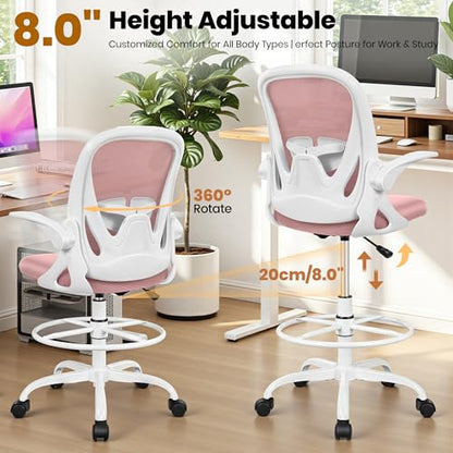 Primy Drafting Chair Tall Office Chair with Flip-up Armrests Executive Ergonomic Computer Standing Desk Chair with Lumbar Support and Adjustable Footrest Ring (Rose Quartz) - color: Rose Quartz, size: 934-Z