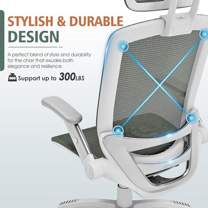 GABRYLLY Ergonomic Office Chair, High Back Home Desk Chair with Headrest, Flip-Up Arms, 90-120° Tilt Lock and Wide Cushion, 300LBS Mesh Chairs for Man Woman, White Task Chair(Olive Green,GY01WOG) - color: White Frame Olive Green Mesh