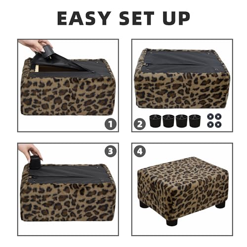 CAROLMADE Small Foot Stool Ottoman Footstool with Legs Under Desk Footrest for Living Room Bedroom and Office, Faux Fur Brown - color: Leopard Print Brown, size: 11"d X 15.4"w X 8.3"h