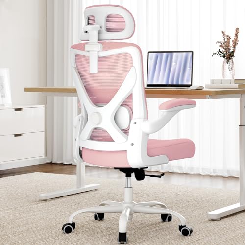 Ergonomic Office Chair: Mesh Desk Chair Comfy with Headrest& Lumbar Support | Ergalithic Big and Tall Office Chairs with Wheels & Flip-Up Arms-Computer Gaming Chairs for Adults Home Office Chairs(Pink) - color: White Pink, size: Pack of 1