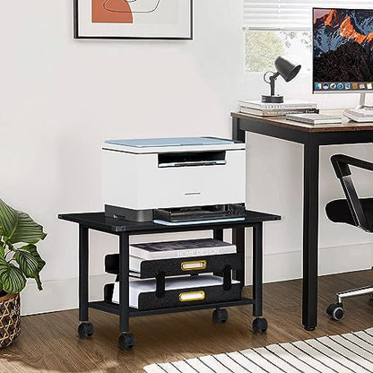 Lerliuo Under Desk Printer Stand, 2-Tier Industrial Mobile Printer Table with Storage Shelf and Steel Frame, Rolling Printer Cart Holder with Lockable Wheels for Home, Office (Black) | Black Small Mobile Printer Cart Desk for Home Office, Lockable Wheels,