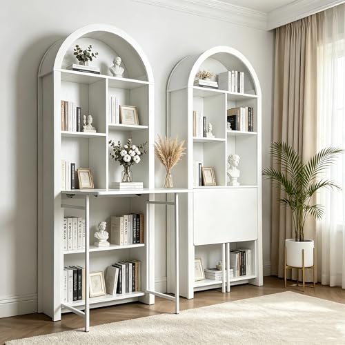 70.8" Tall Arched Bookcase & Folding Craft Desk,Convertible Hideaway,White - color: Brown, size: 29.53"L x 9.45"W x 70.8"H