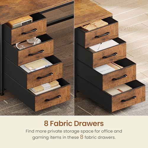 SEDETA 95" 2 Person Gaming Desk with 8 Drawers Storage Shelves,Rustic Brown | Double T Shaped Office Desk with LED Lights, Power Strip with USB & Monitor Stand for Home Office, Bedroom - color: Rustic Brown