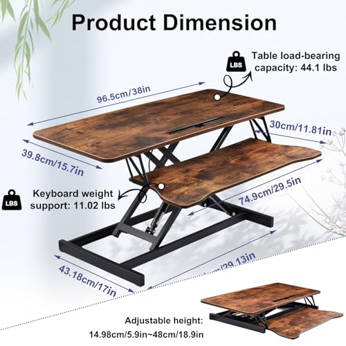38-inch Standing Desk Converter Height Adjustable Sit to Stand Up Workstation, Duals Monitor and Laptop Riser with Wide Keyboard Tray, for Home, School, Company, Brown - color: Brown