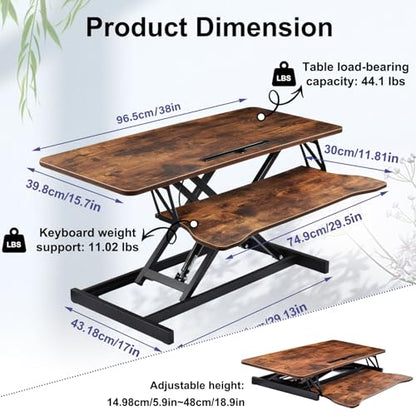 38-inch Standing Desk Converter Height Adjustable Sit to Stand Up Workstation, Duals Monitor and Laptop Riser with Wide Keyboard Tray, for Home, School, Company, Brown - color: Brown