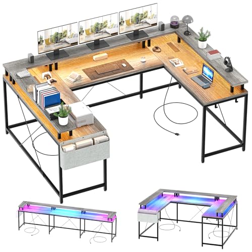 U Shaped Home Office Desk, Reversible L Shaped Gaming Computer Desk With Power Outlets,126 Inch Computer Desk With Monitor Stand and LED Lights,Storage Shelves,Storage Bag and Hooks（Grey Oak） - color: Grey Oak
