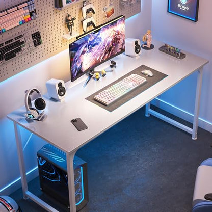 Huuger Computer Desk, 55 Inch Home Office Desk, Gaming Writing Work from Home Study Desk, Large Legroom, Sturdy Metal Frame, Modern Simple, White - color: White, size: 54inch