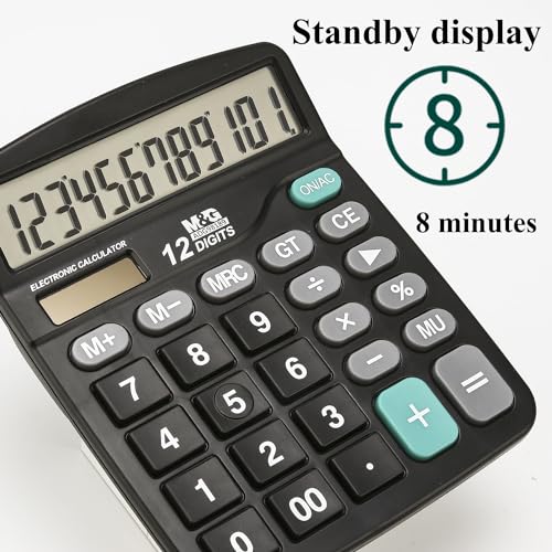 M&G Desk Calculator 12 Digit Office Calculators with Large LCD Display, Dual Solar Power and Battery, Recessed Big Button Calculator for Office Home (Black) - style: Basic