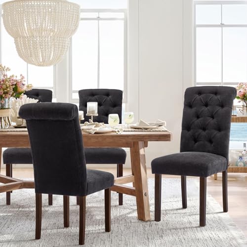 COLAMY Button Tufted Dining Chairs Set of 2, Accent Parsons Diner Upholstered Fabric Dining Room Stylish Kitchen Chairs with Solid Wood Legs and Padded Seat, Black - color: Black, size: set of 2